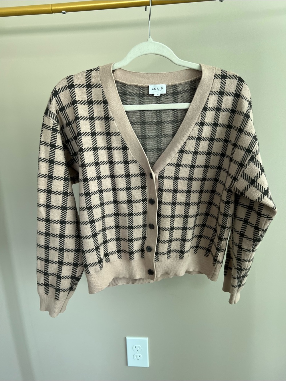 Le Lis Beige and Black Plaid V-Neck Button Cardigan